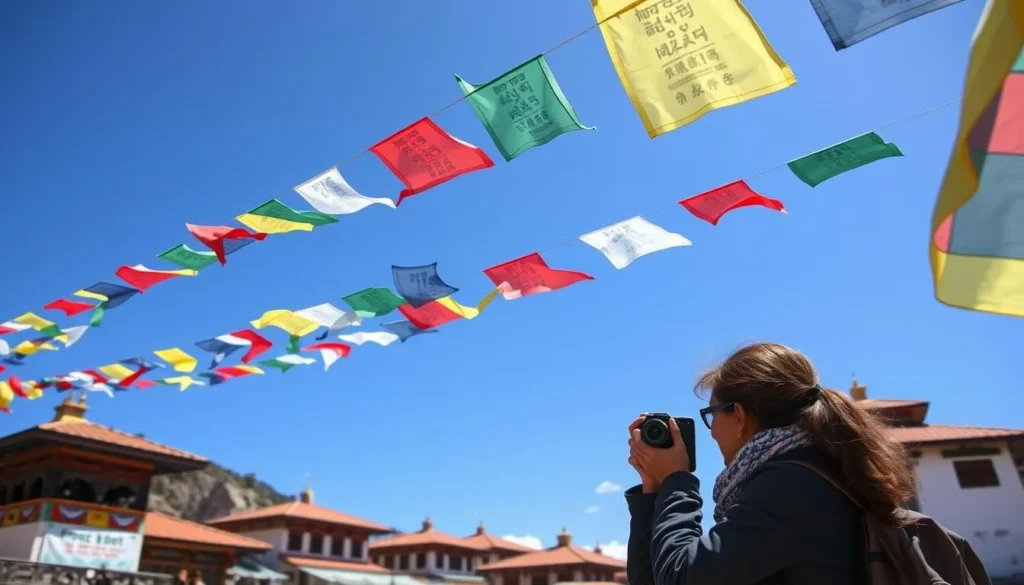 Tourist taking photos of colorful prayer flags against blue sky in Samdrup Jongkhar