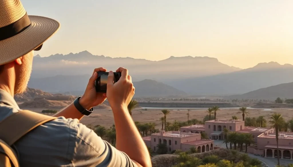 Tourist taking photos of the scenic landscape around Rustaq with mountains and palm groves Tourist taking photos of the scenic landscape around Rustaq with mountains and palm groves
