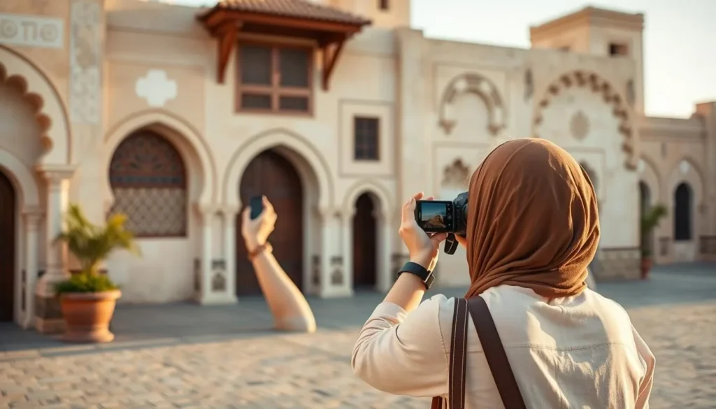 Tourist taking photos of traditional Omani architecture in Bawshar while respectfully dressed in modest clothing