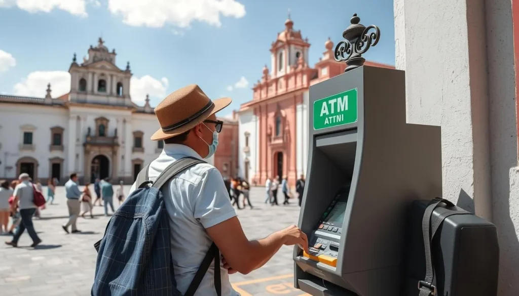 Tourist using ATM in San Cristobal de las Casas city center