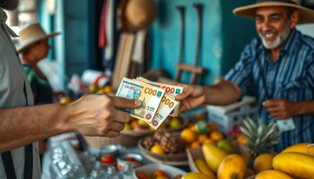 Tourist using Cuban convertible pesos (CUC) to purchase items at a local Jiguani market