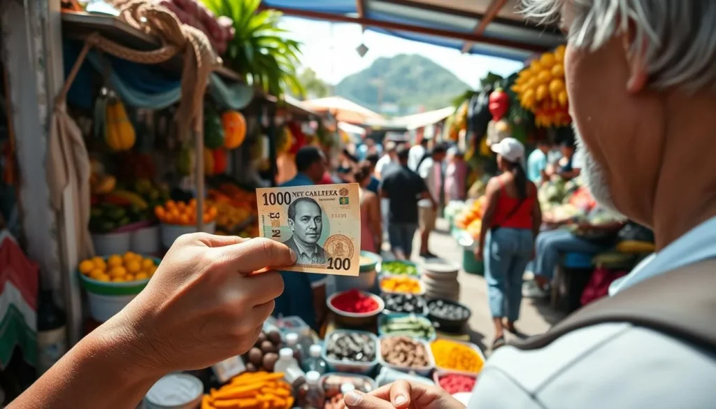 Tourist using Eastern Caribbean dollars at a local St. Lucian market