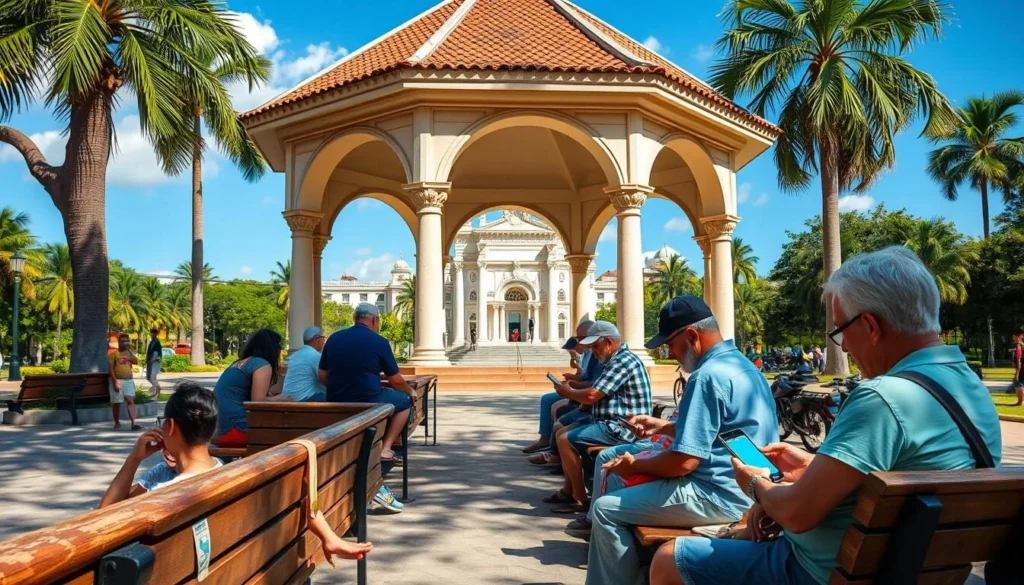 Tourist using Wi-Fi at Parque Carlos Manuel de Céspedes in Manzanillo
