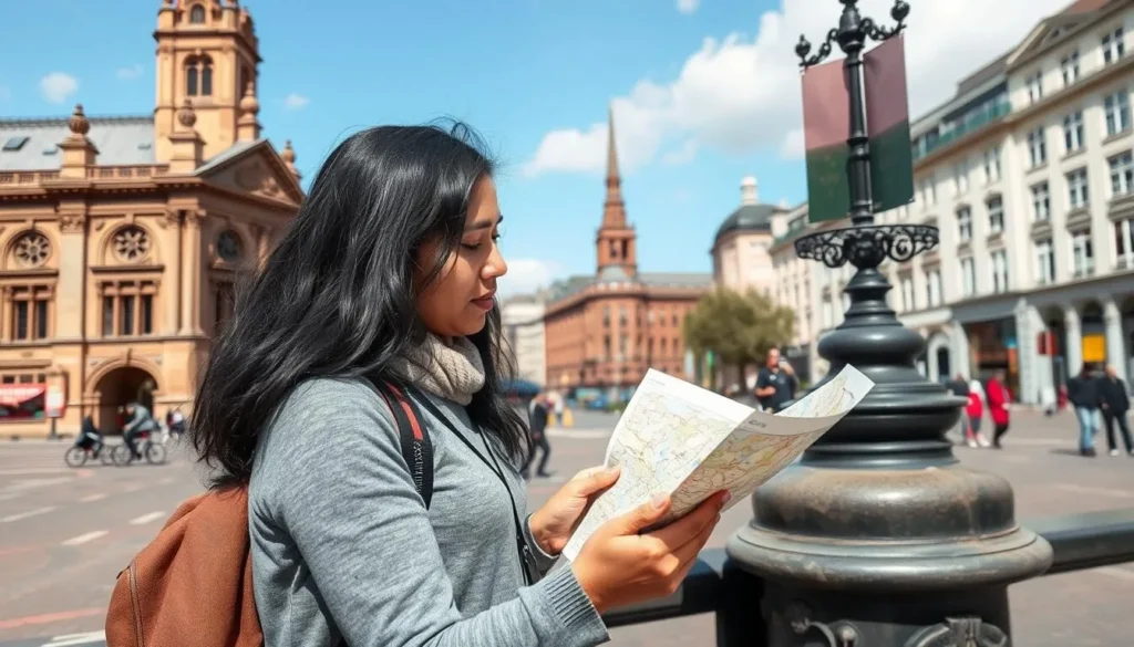 Tourist using a city map to navigate Leeds city centre