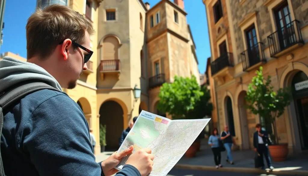 Tourist using a city map to navigate Montpellier's historic streets