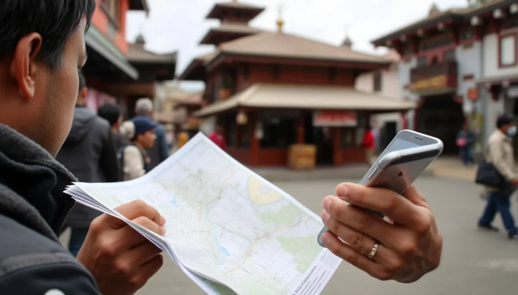 Tourist using a local SIM card and map to navigate Dharan