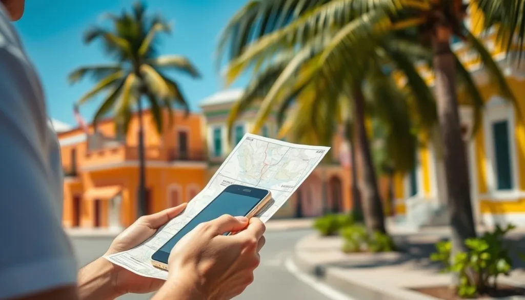 Tourist using a local SIM card on their smartphone while looking at a Belize City map with tropical scenery in background Tourist using a local SIM card on their smartphone while looking at a Belize City map with tropical scenery in background