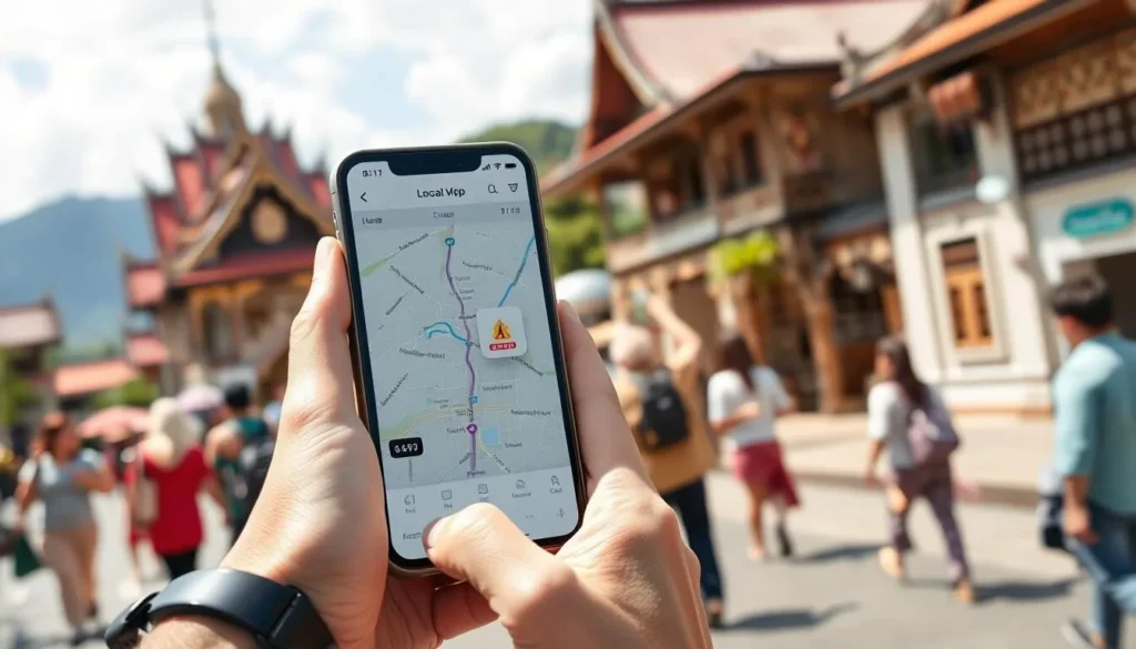 Tourist using a local SIM card to navigate Luang Prabang with smartphone showing map