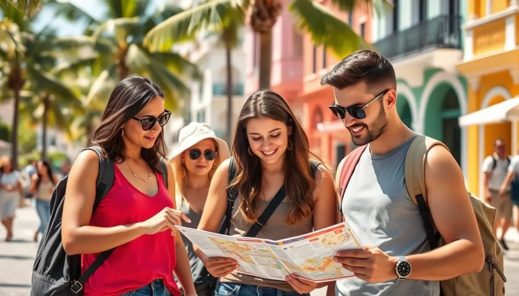 Tourist using a map and guidebook while exploring Playa del Carmen in Quintana Roo, Mexico