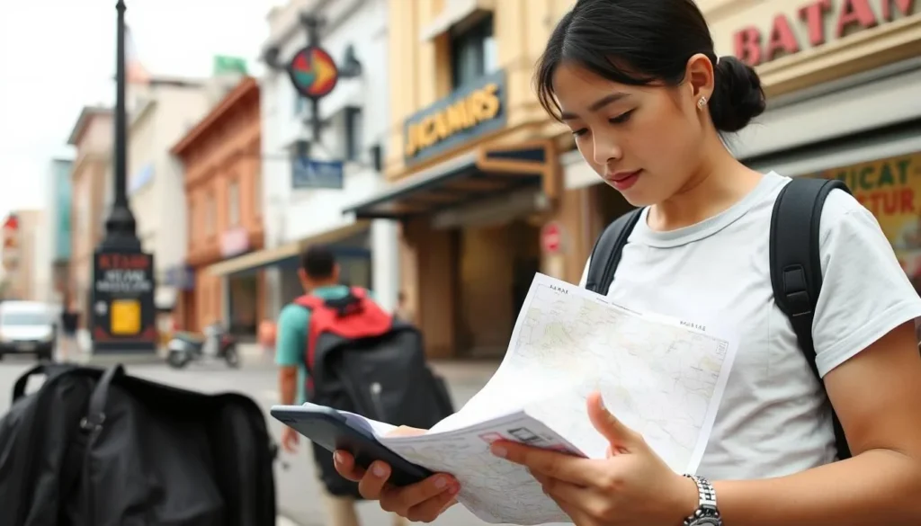 Tourist using a map and smartphone in Batam city
