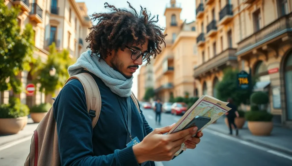 Tourist using a map and smartphone to navigate Beirut streets