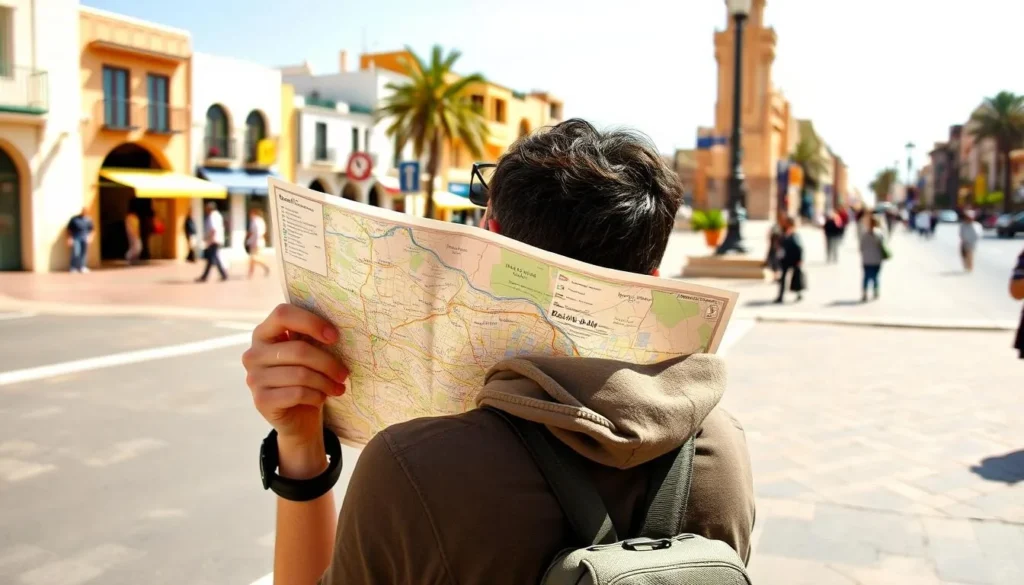 Tourist using a map to navigate Berkane's city center with local landmarks visible