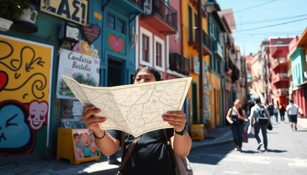 Tourist using a map to navigate Valparaiso's colorful streets, showing practical travel tips