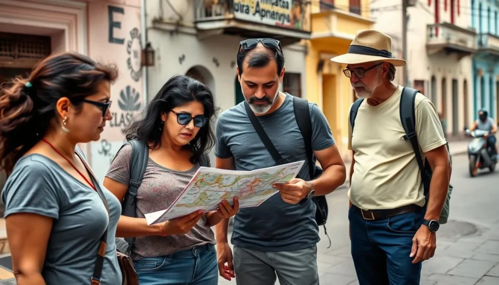 Tourist using a map while exploring Moa, Cuba