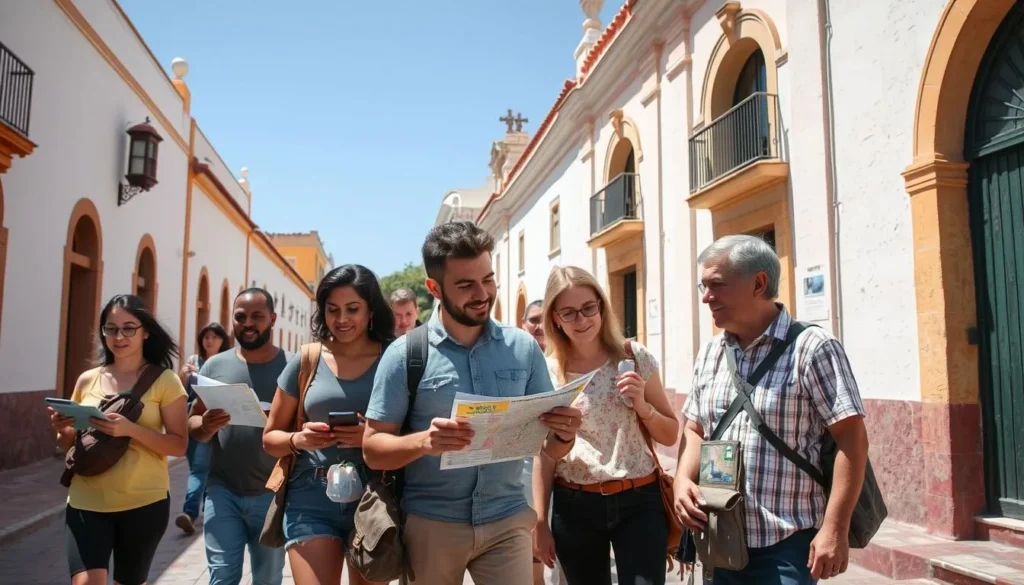 Tourist using a map while exploring Tepic's historic center safely during daytime