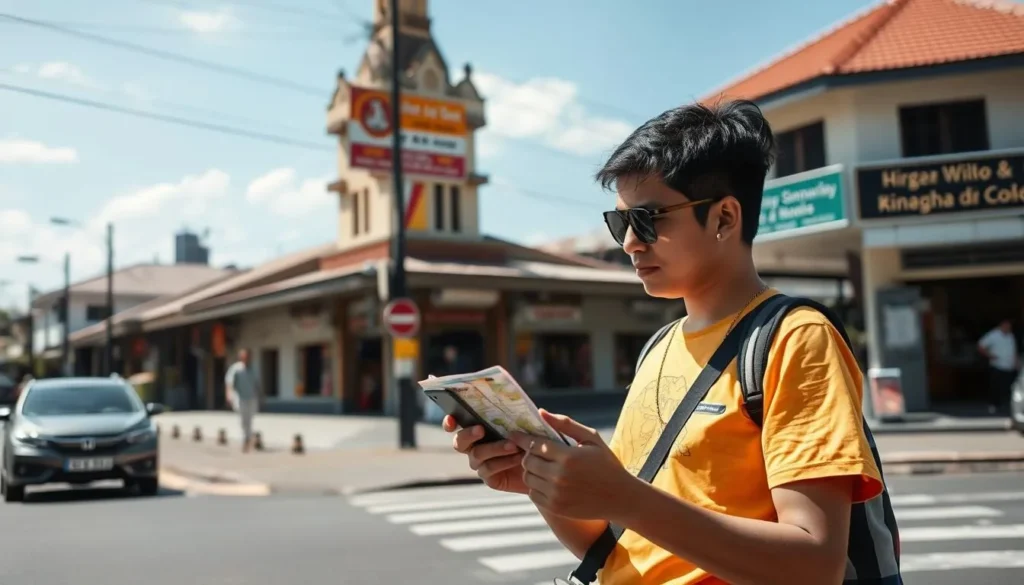 Tourist using a mobile phone and map to navigate Cimaha