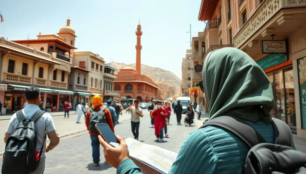 Tourist using a mobile phone and map while exploring Abha city center
