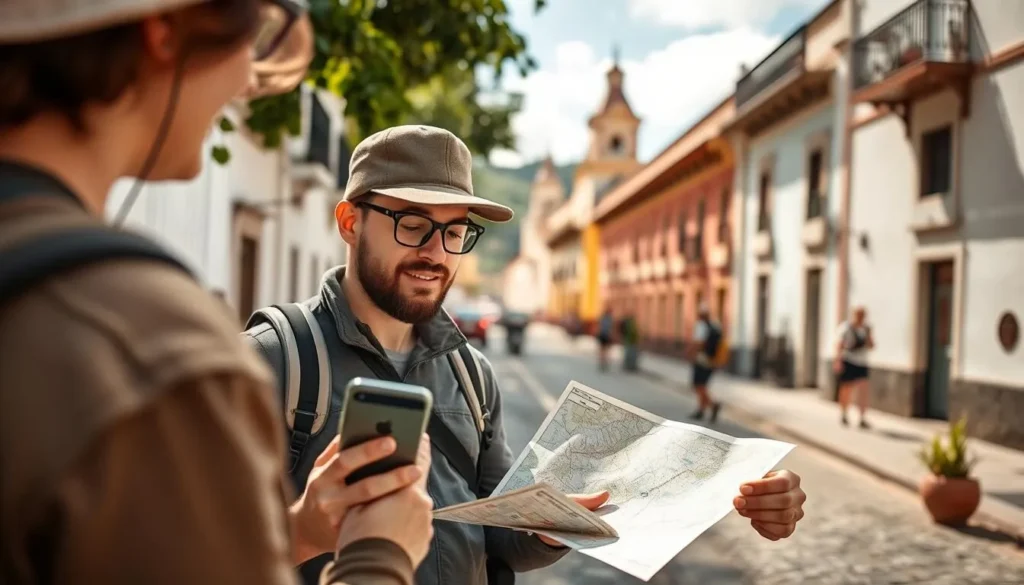 Tourist using a mobile phone and map while exploring Olinda's historic streets Tourist using a mobile phone and map while exploring Olinda's historic streets