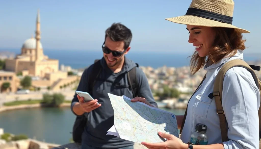 Tourist using a mobile phone and map while exploring Tiberias Tourist using a mobile phone and map while exploring Tiberias