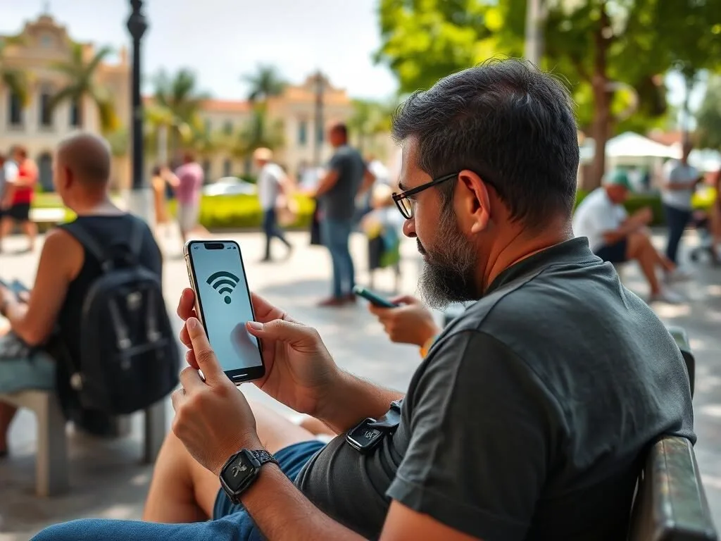 Tourist using a mobile phone in Banes, Cuba with Wi-Fi signal indicator visible