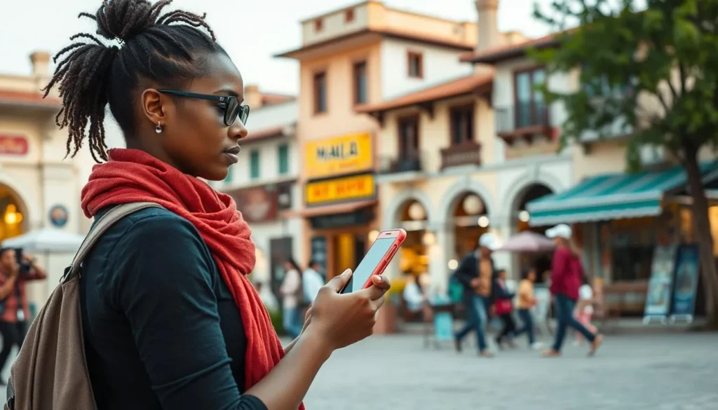 Tourist using a mobile phone in Kobayat town square with local shops in background