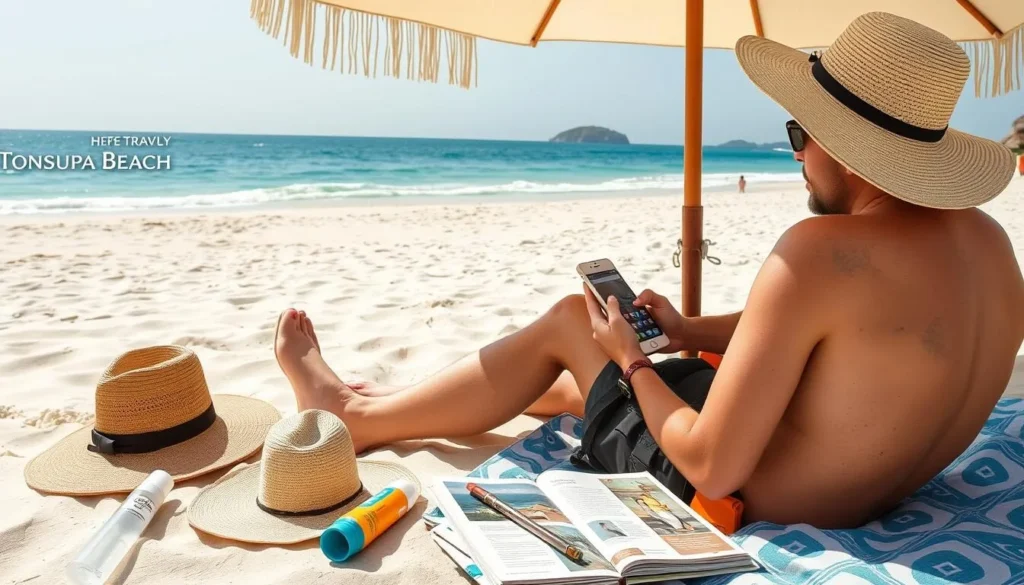 Tourist using a mobile phone on Tonsupa Beach with travel essentials nearby