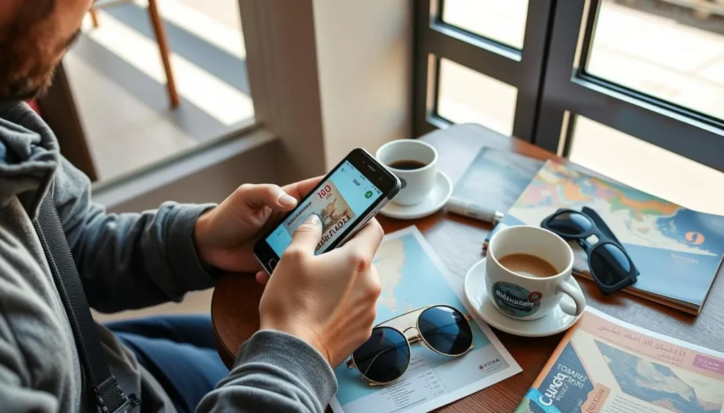 Tourist using a mobile phone with Bahraini currency and map visible on a cafe table in Sitra