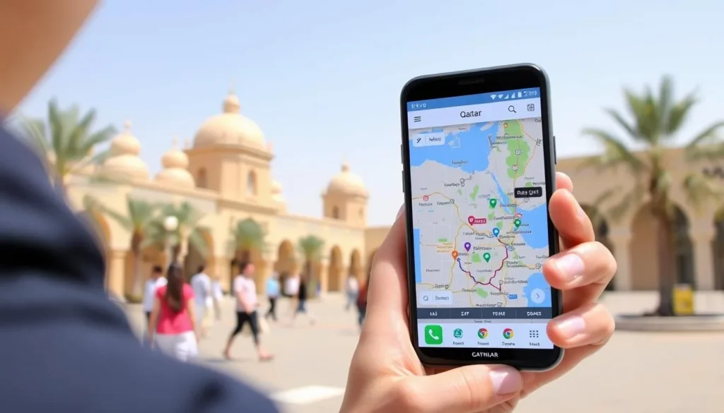 Tourist using a mobile phone with Qatar travel apps in Madinat Ash Shamal
