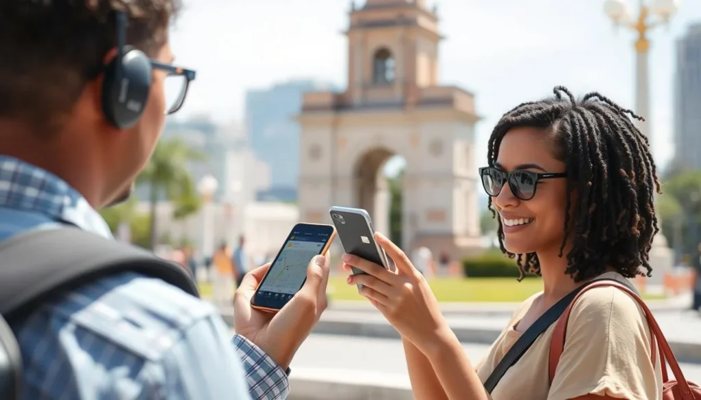 Tourist using a mobile phone with a local SIM card while exploring Monterrey