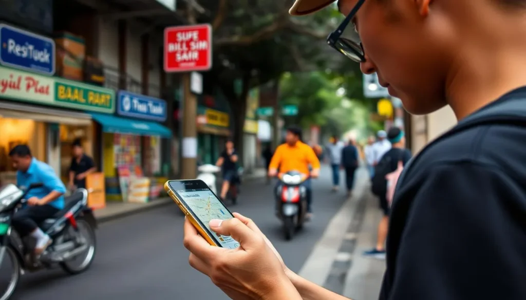 Tourist using a mobile phone with a local SIM card while exploring Pekanbaru