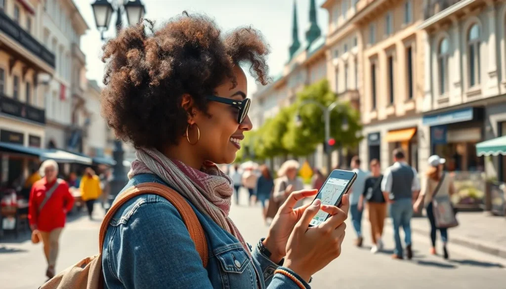Tourist using a mobile phone with a map app while exploring Krasnodar city center