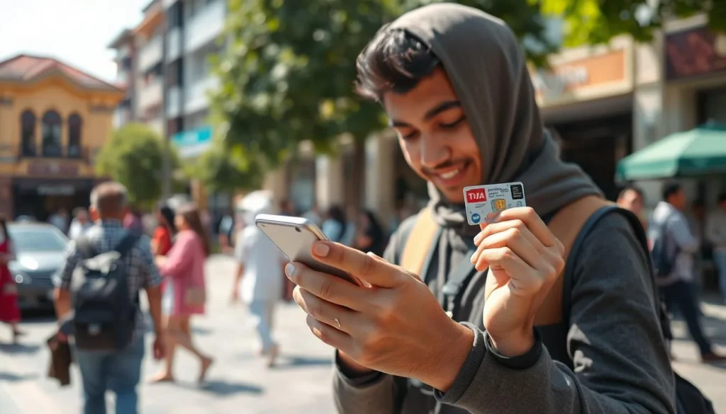 Tourist using a mobile phone with local SIM card in Banda Aceh city center