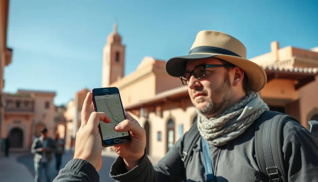 Tourist using a mobile phone with map app in Beni Mellal streets