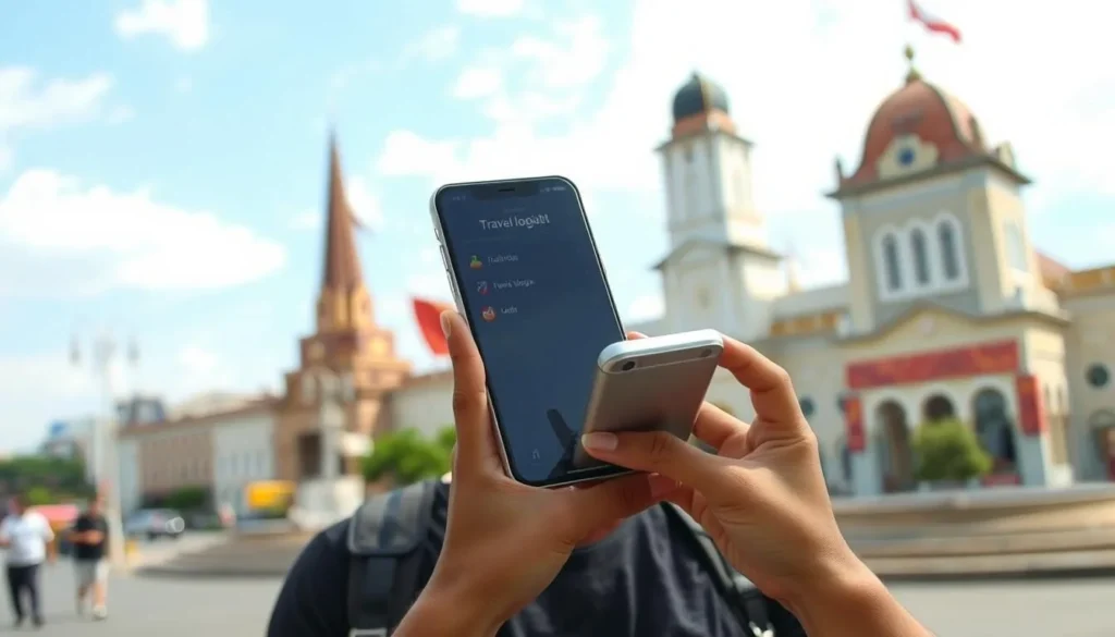 Tourist using a mobile phone with travel apps in Bandar Lampung city center