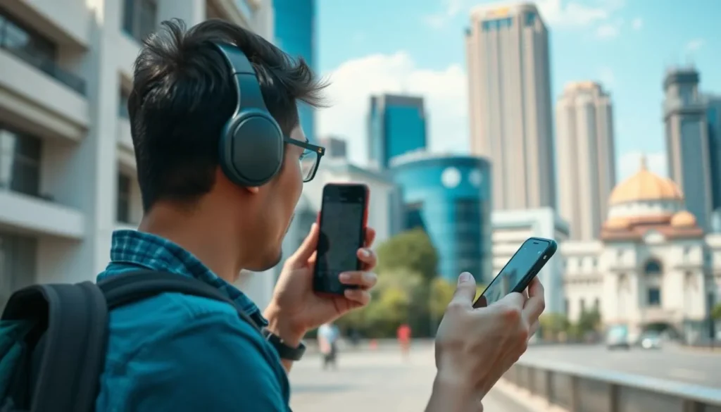 Tourist using a smartphone app to navigate Jakarta