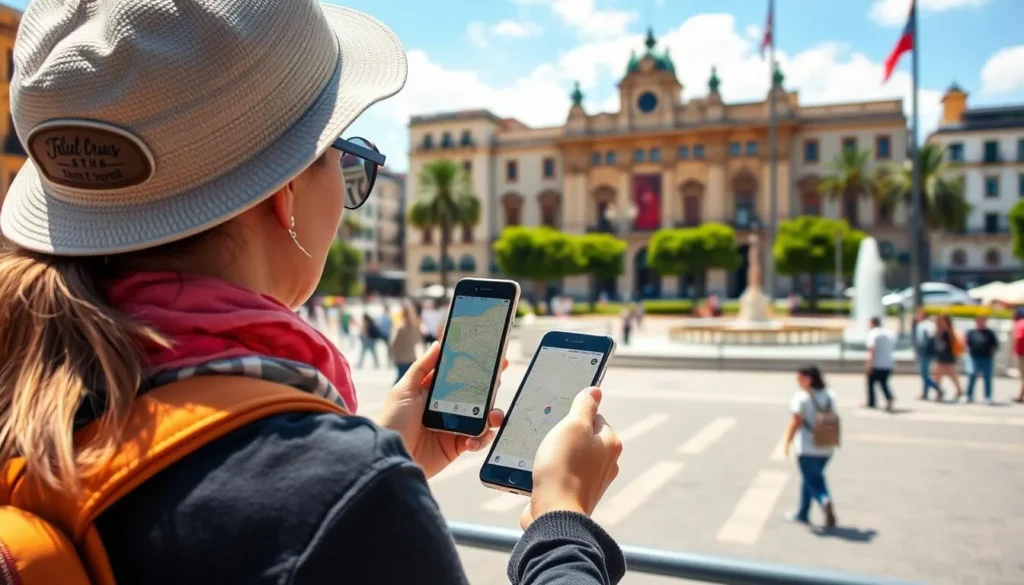 Tourist using a smartphone map application while exploring Santa Cruz city center