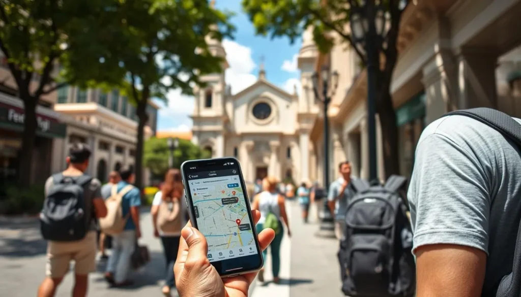 Tourist using a smartphone map application while exploring downtown Guayaquil near the Metropolitan Cathedral
