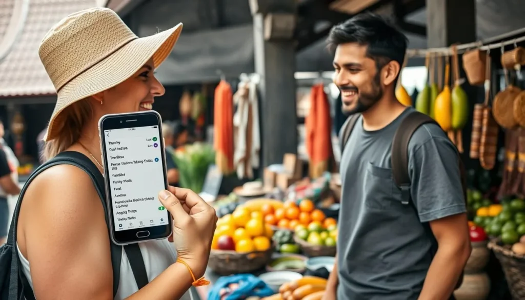 Tourist using a translation app to communicate with a local market vendor in Ubud, Bali