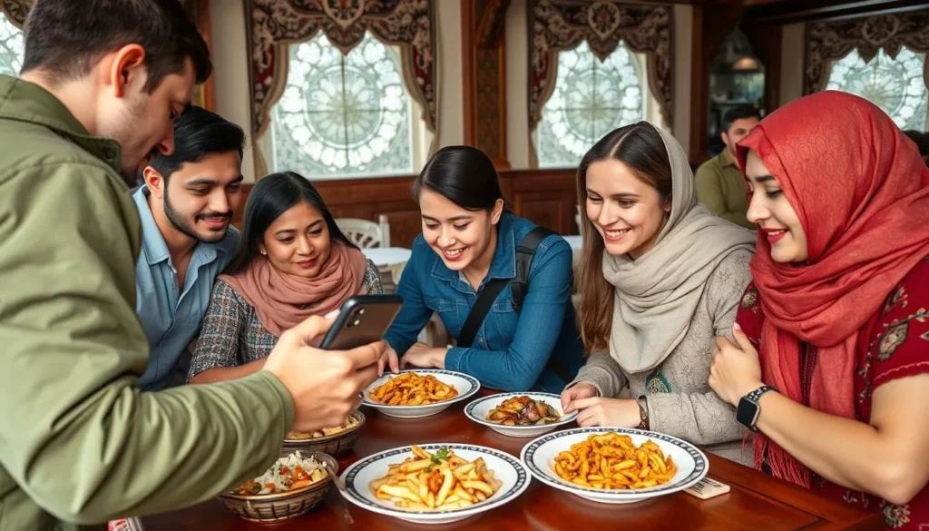 Tourist using a translation app while ordering food at a Tatar restaurant in Kazan