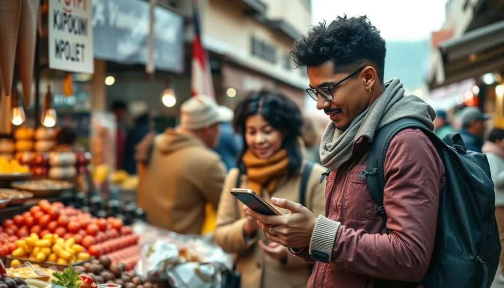 Tourist using a translation app while shopping at a local market in Chita Tourist using a translation app while shopping at a local market in Chita