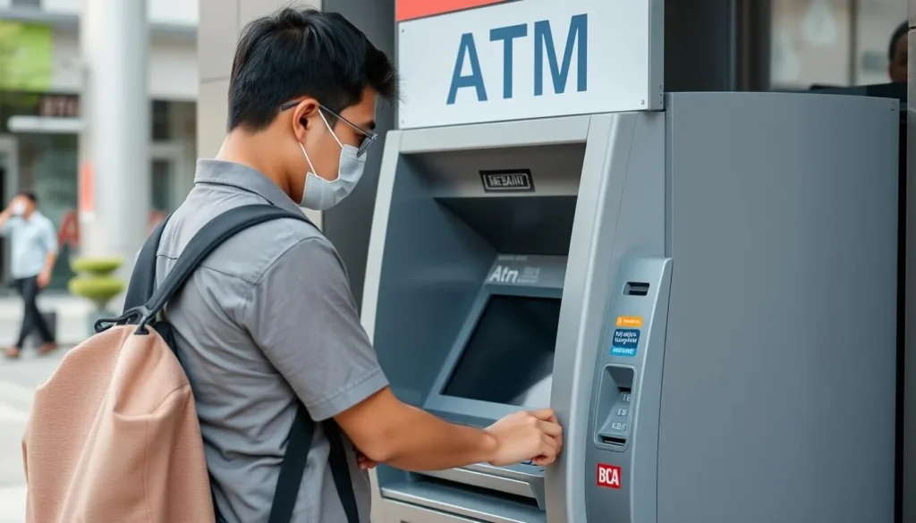 Tourist using an ATM in Indonesia with security precautions