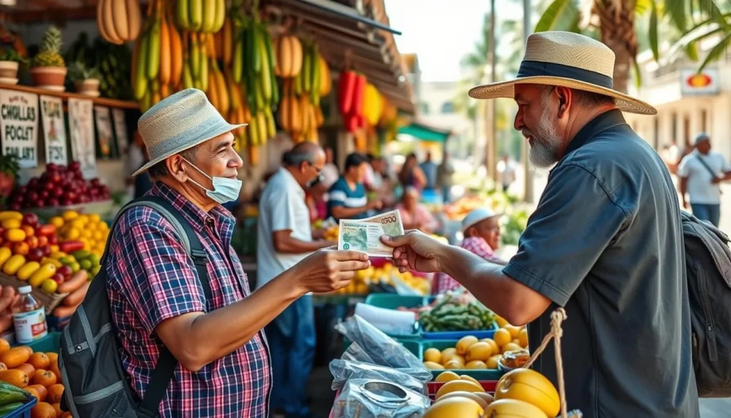 Tourist using cash at a local market in Corralillo, Cuba
