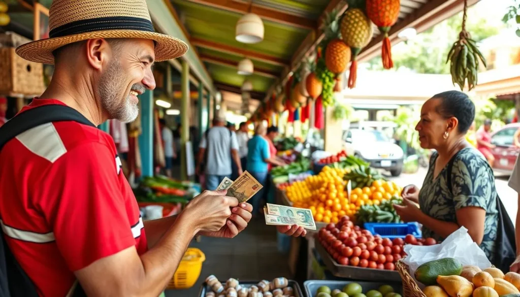 Tourist using local EC dollars at market in Antigua