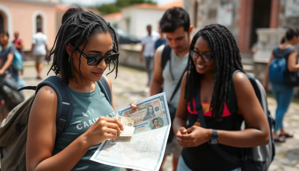 Tourist using local currency and map while exploring Saint Mary, Antigua