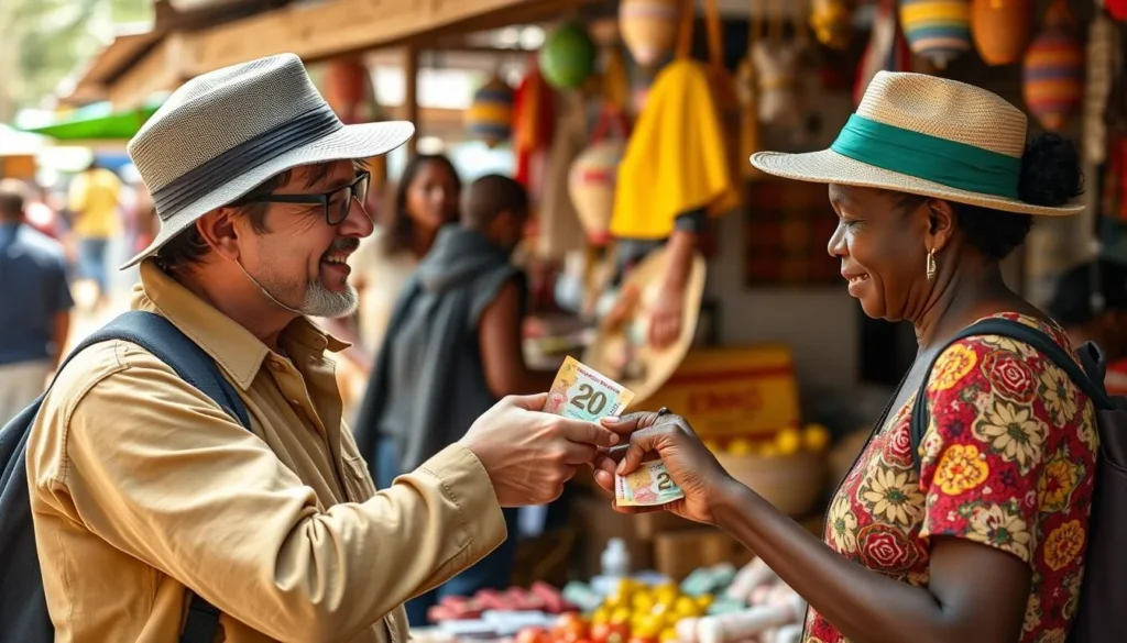 Tourist using local currency at Antsirabe Madagascar market Tourist using local currency at Antsirabe Madagascar market