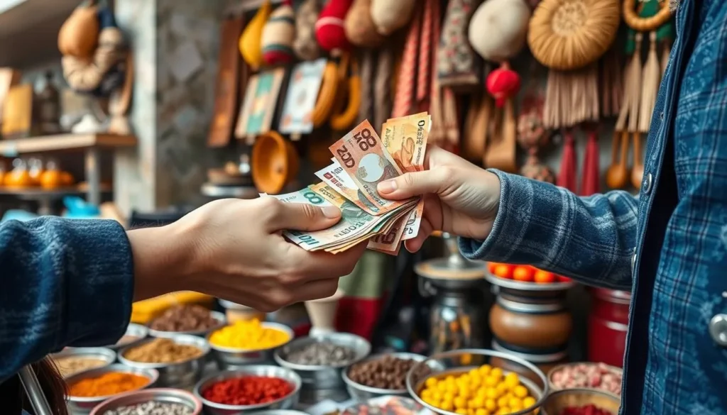 Tourist using local currency at a market in Chekka, Lebanon