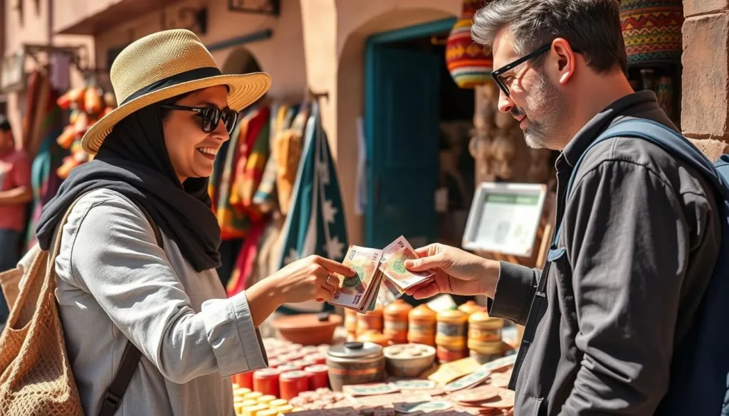 Tourist using local currency at a market in El Kelaa des Sraghna, Morocco