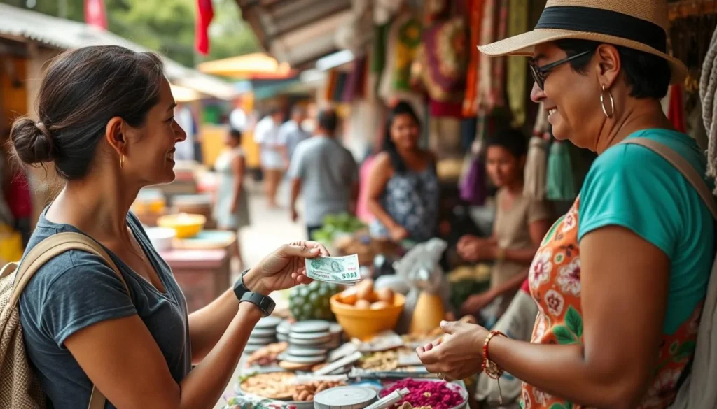 Tourist using local currency at a market in Santa Rosa de Copan
