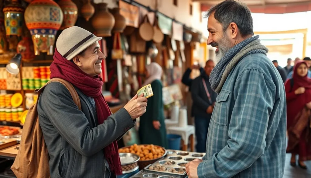 Tourist using local currency at a market in Skhirat with helpful vendor