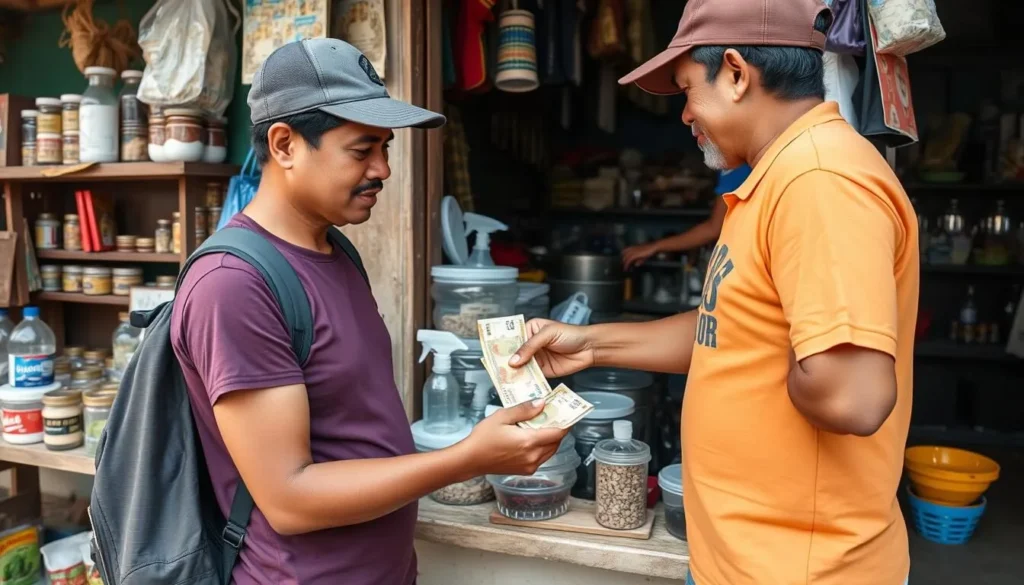 Tourist using local currency at a shop in Siguatepeque